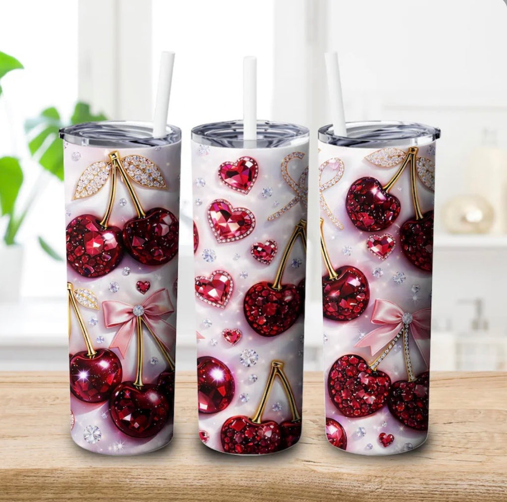 Vaso Térmico 20 oz Cherry Glam – Cerezas Brillantes y Corazones ✨🍒