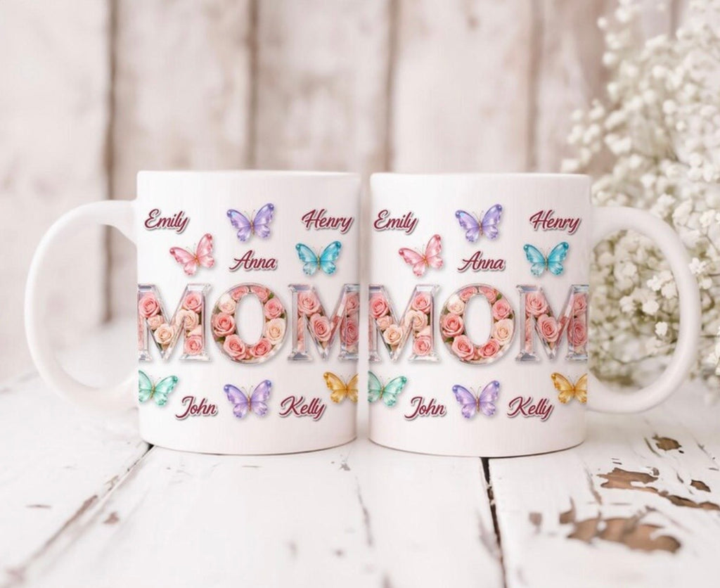 🌸🦋 Taza Personalizada Mom con Nombres y Mariposas