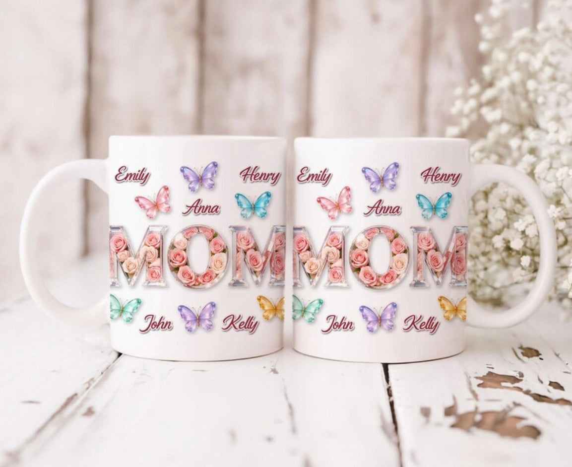 🌸🦋 Taza Personalizada Mom con Nombres y Mariposas